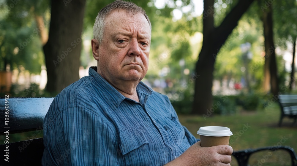 Middle-aged man with slight tremor holding cup of coffee on park bench, symbolizing struggle with Parkinson's disease, calm natural setting. Middle-aged man with slight tremor holding cup of coffee on park bench, symbolizing struggle with Parkinson's disease, calm natural setting.