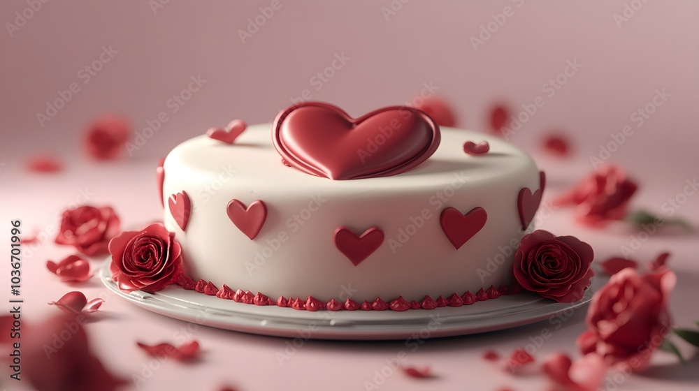 Valentine's-themed cake with heart-shaped decorations: 3D-rendered elegant cake topped with heart-shaped icing and surrounded by red roses Valentine's-themed cake with heart-shaped decorations: 3D-rendered elegant cake topped with heart-shaped icing and surrounded by red roses
