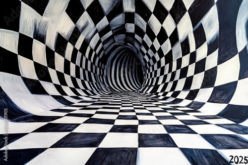 Fototapeta Naklejka Na Ścianę i Meble -  A room with a checkered floor and a spiral tunnel in the middle. The tunnel is painted in black and white with a checkered pattern