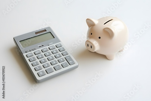 Calculator and Piggy Bank on a White Surface photo