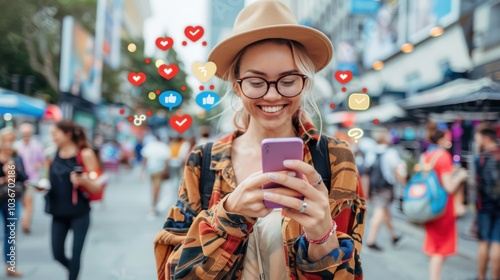 Woman in City with Social Media Icons