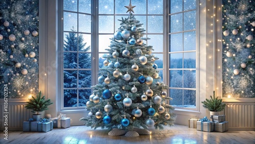 Festive living room decorated for Christmas with a tall Christmas tree with silver and blue decorations, delicate glass ornaments, and soft white lights, standing next to a large window.
