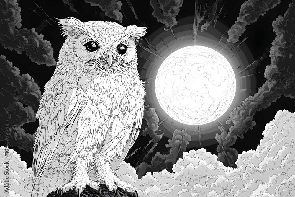 Fototapeta premium A detailed illustration of a white owl perched on a rock under a glowing moon, set against a dramatic sky filled with swirling clouds.