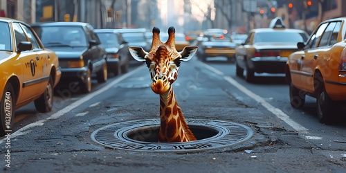 A whimsical scene of a giraffe peeking out from a manhole in a bustling city street, surrounded by yellow taxis and cars during the daytime.