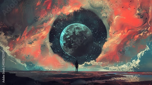 Surreal Landscape with a Cosmic Planet and a Solitary Figure