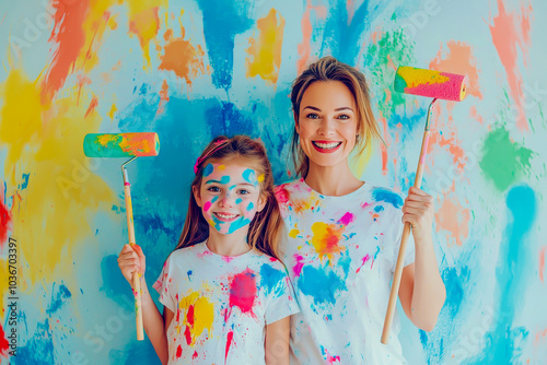 A woman and a little girl are holding paint rollers and smiling. They are painting a wall with colorful splatters