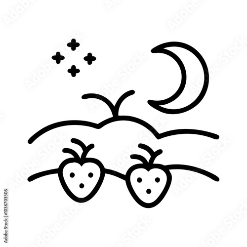 Outline illustration of strawberries under the moonlight, symbolizing nature and nighttime gardening copy space