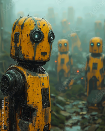 A group of yellow robots are standing in a field. The robots are all different sizes and shapes, but they all have a similar design. Scene is somewhat eerie and unsettling