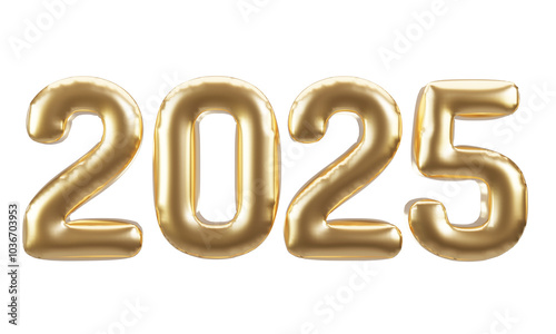 Happy new year 2025 metallic gold foil balloons. 3D render Golden Helium balloons 2025.