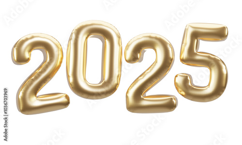 Happy new year 2025 metallic gold foil balloons. 3D render Golden Helium balloons 2025.