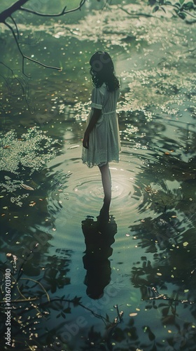 Woman in White Dress Reflecting in a Pond