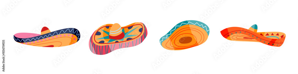 Mexican sombrero. Set of traditional Latino America man hat isolated on transparent background. Colorful cartoon vector illustration for celebration Cinco de Mayo or dia de los Muertos. Mexican sombrero. Set of traditional Latino America man hat isolated on transparent background. Colorful cartoon vector illustration for celebration Cinco de Mayo or dia de los Muertos.