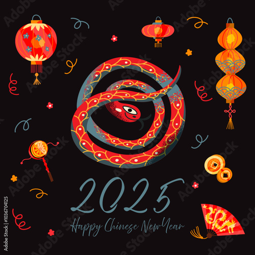 Chinese new year 2025 of snake. Greeting card poster, banner, invitation with snake, sign of Chinese lunar calendar 2025, drum, lanterns, fans. Festive oriental vector illustration isolated on black.