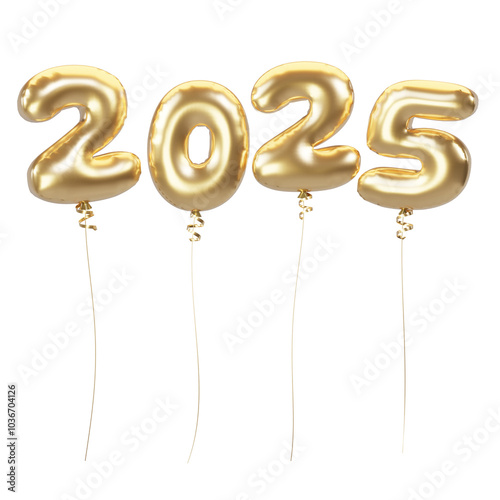 Happy new year 2025 metallic gold foil balloons. 3D render Golden Helium balloons 2025.