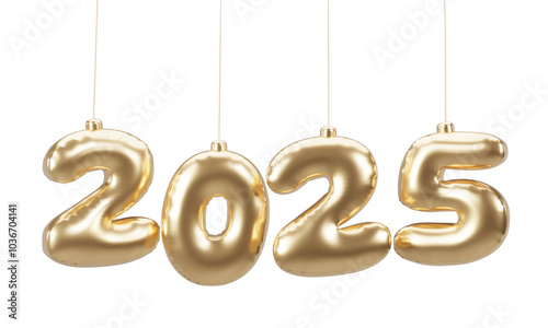 Happy new year 2025 metallic gold foil balloons. 3D render Golden Helium balloons 2025.