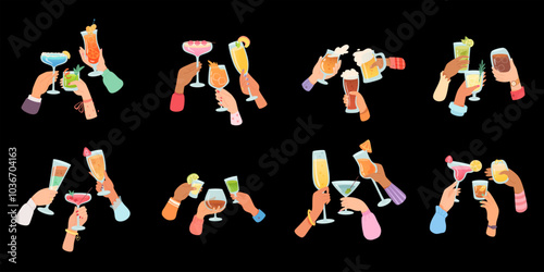Hands with glasses of alcohol cocktails and drinks vector illustration set. Friends holding goblets and mugs with champagne, wine, beer, martini. People celebrating with toasts and cheering. Party