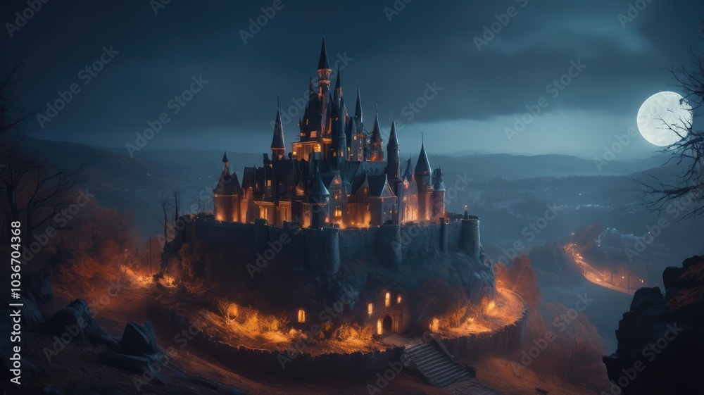 Naklejka premium A majestic castle stands tall on a hilltop, illuminated by the warm glow of its windows and the ethereal light of a full moon.