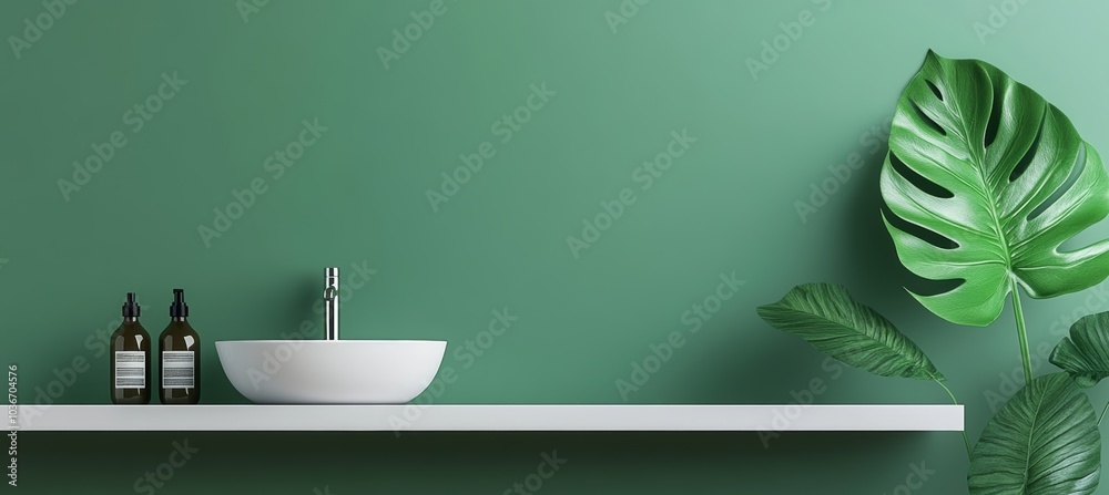 Stylish Minimalist Bathroom Interior with Sink and Tropical Plant on Green Wall, 3D Rendering Stylish Minimalist Bathroom Interior with Sink and Tropical Plant on Green Wall, 3D Rendering