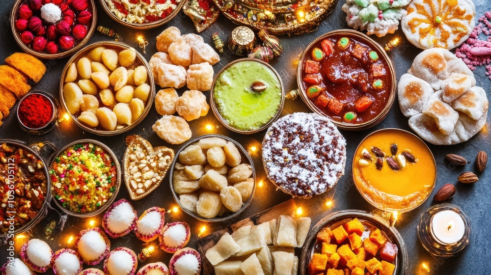 A colorful table filled with traditional Diwali food like puris, halwa, and kheer, with festive decorations and lights enhancing the celebration. A colorful table filled with traditional Diwali food like puris, halwa, and kheer, with festive decorations and lights enhancing the celebration.