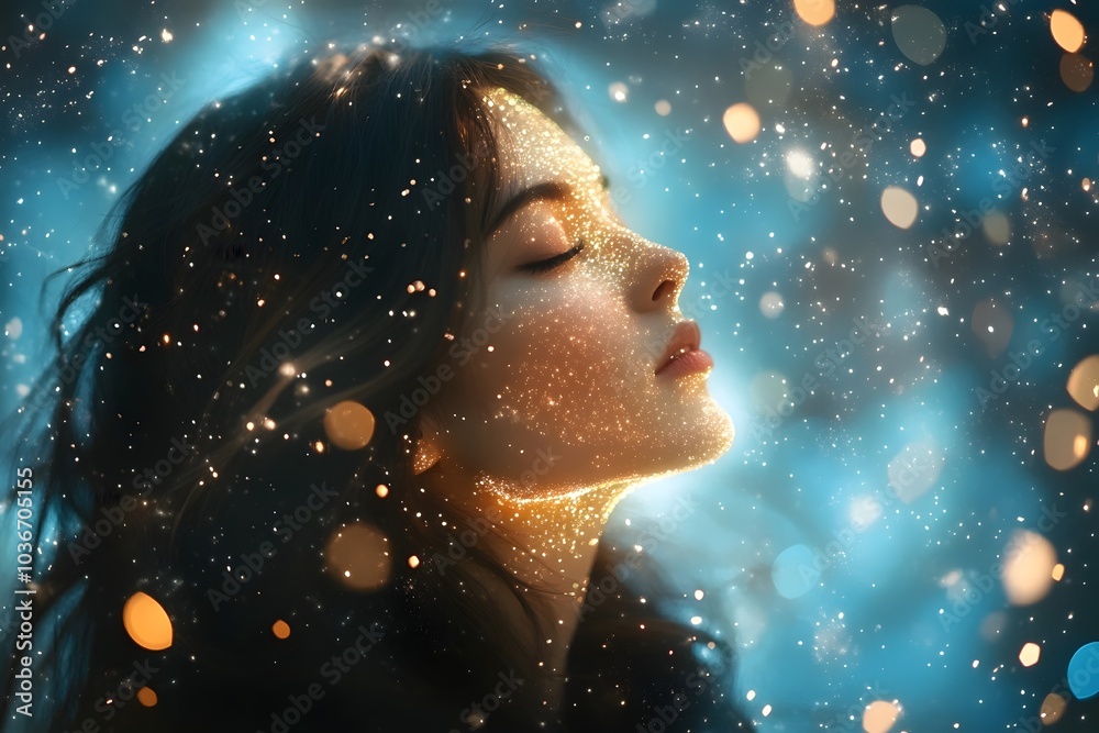A serene young woman with long dark hair, eyes closed, surrounded by a dreamy sparkly background, exuding tranquility and inner peace. A serene young woman with long dark hair, eyes closed, surrounded by a dreamy sparkly background, exuding tranquility and inner peace.