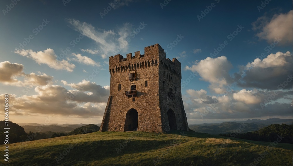 The archer tower stands proud against the backdrop of a majestic landscape and blue sky The archer tower stands proud against the backdrop of a majestic landscape and blue sky