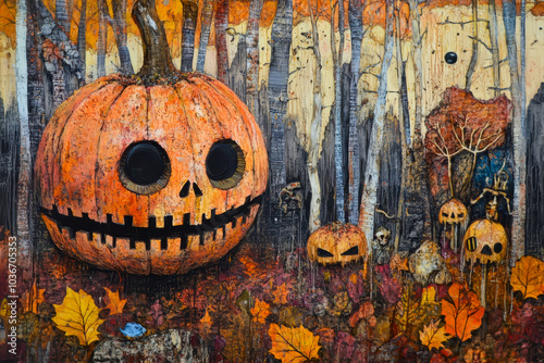 A painting of a pumpkin with a skull on it. The pumpkin is surrounded by other pumpkins and leaves photo