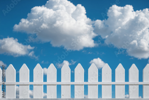 White picket fence against a bright blue sky with fluffy clouds