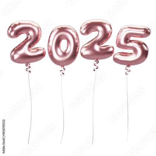 Happy New Year 2025 metallic rose gold foil balloons. 3D render Rose gold Helium balloons 2025.