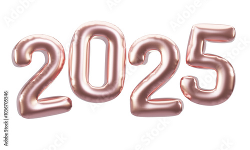 Happy New Year 2025 metallic rose gold foil balloons. 3D render Rose gold Helium balloons 2025.