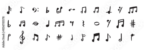 Notes doodle set hand drawn with a black pen. Sketch music drawing note 