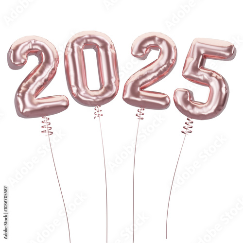Happy New Year 2025 metallic rose gold foil balloons. 3D render Rose gold Helium balloons 2025.