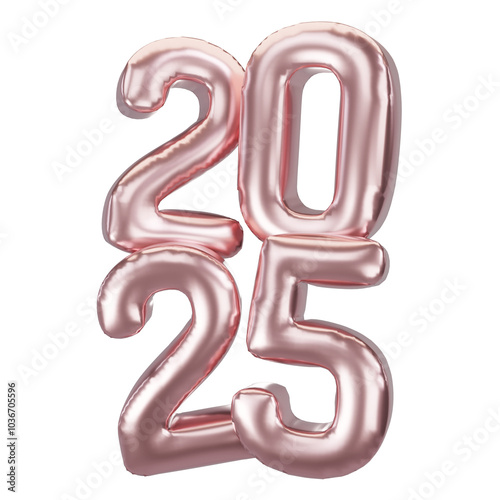 Happy New Year 2025 metallic rose gold foil balloons. 3D render Rose gold Helium balloons 2025.