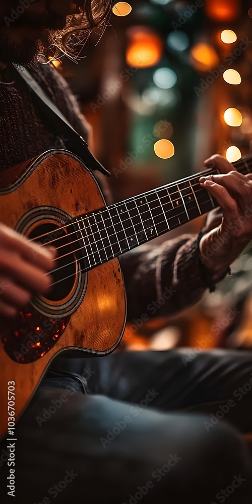 Fototapeta premium A close-up of a male musician, with curly hair, skillfully playing an acoustic guitar in a cozy, dimly lit setting adorned with warm bokeh lights.