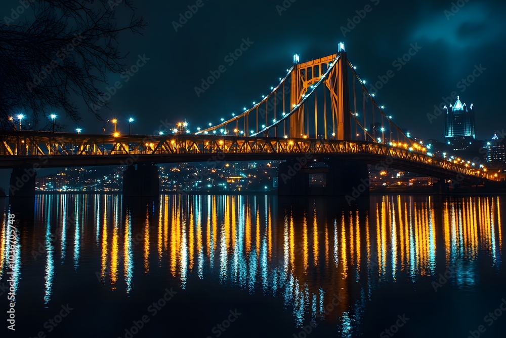 Fototapeta premium Illuminated Suspension Bridge Reflecting in Calm Water at Night