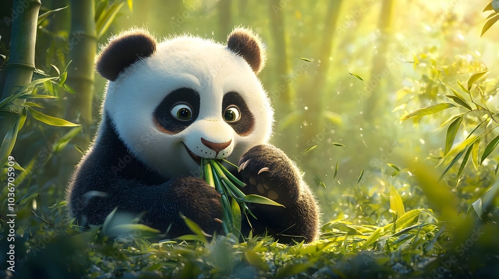 Playful Panda Munching On Bamboo Shoot In Lush Forest Playful Panda Munching On Bamboo Shoot In Lush Forest