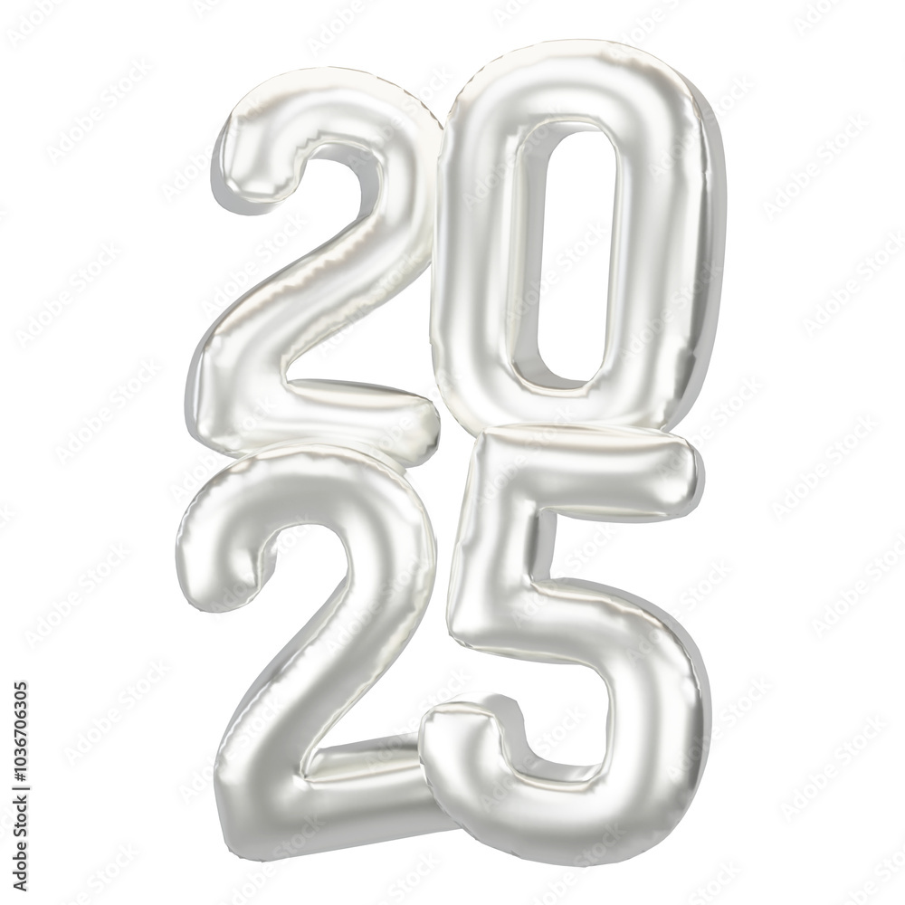 Happy New Year 2025 metallic Silver foil balloons. 3D render Platinum Helium balloons 2025.
Happy New Year 2025 metallic Silver foil balloons. 3D render Platinum Helium balloons 2025.