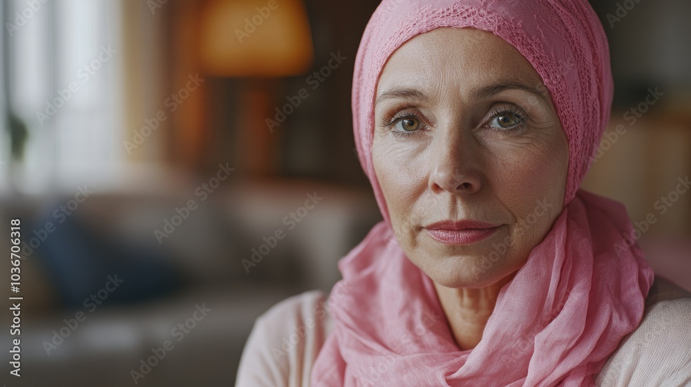 A older woman with cancer, wearing a pink scarf, looks directly into the camera Breast Cancer support A older woman with cancer, wearing a pink scarf, looks directly into the camera Breast Cancer support
