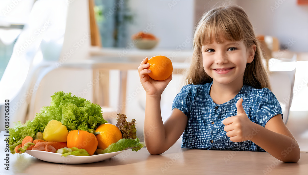 A smiling young girl in a blue dress gives a thumbs up while holding an orange beside a plate of fresh vegetables. Healthy food A smiling young girl in a blue dress gives a thumbs up while holding an orange beside a plate of fresh vegetables. Healthy food