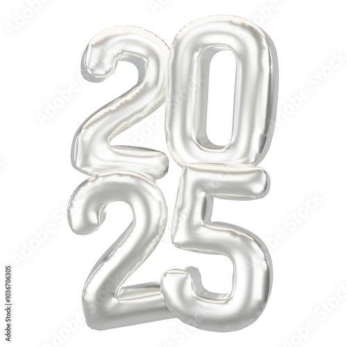 Happy New Year 2025 metallic Silver foil balloons. 3D render Platinum Helium balloons 2025.
