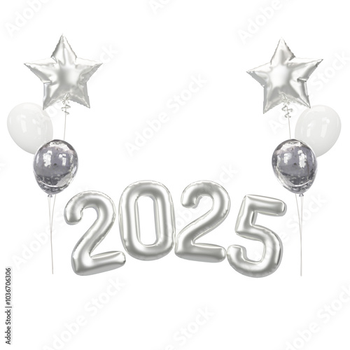 Happy New Year 2025 metallic Silver foil balloons. 3D render Platinum Helium balloons 2025.
