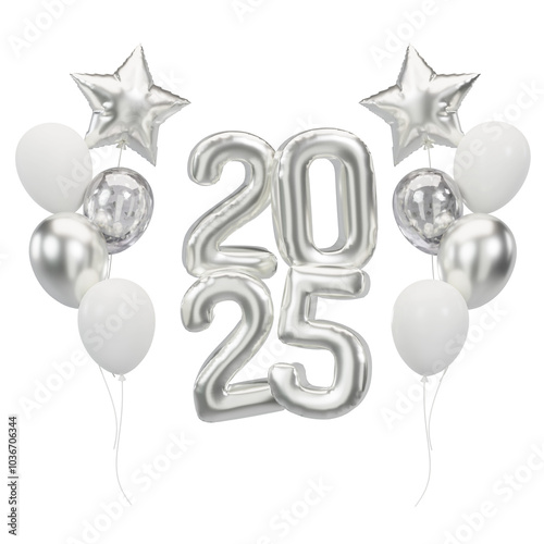 Happy New Year 2025 metallic Silver foil balloons. 3D render Platinum Helium balloons 2025.
