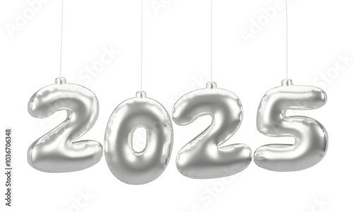 Happy New Year 2025 metallic Silver foil balloons. 3D render Platinum Helium balloons 2025.
