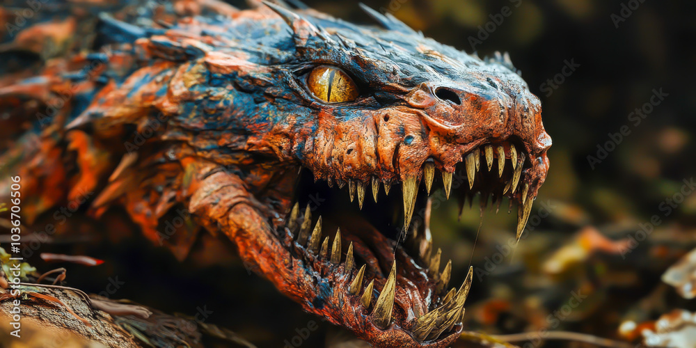 A dragon with a mouth open and teeth showing. The dragon is orange and blue A dragon with a mouth open and teeth showing. The dragon is orange and blue
