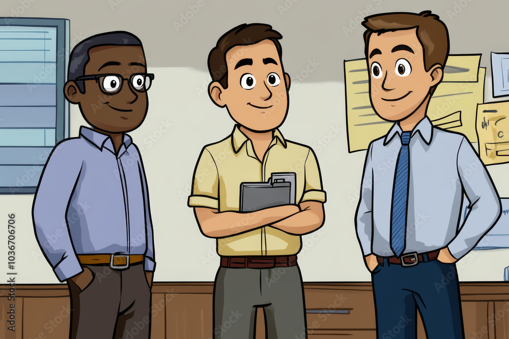 Three men are standing in a room, one of them holding a clipboard. Scene is professional and serious, as the men are dressed in business attire and appear to be discussing important matters Three men are standing in a room, one of them holding a clipboard. Scene is professional and serious, as the men are dressed in business attire and appear to be discussing important matters