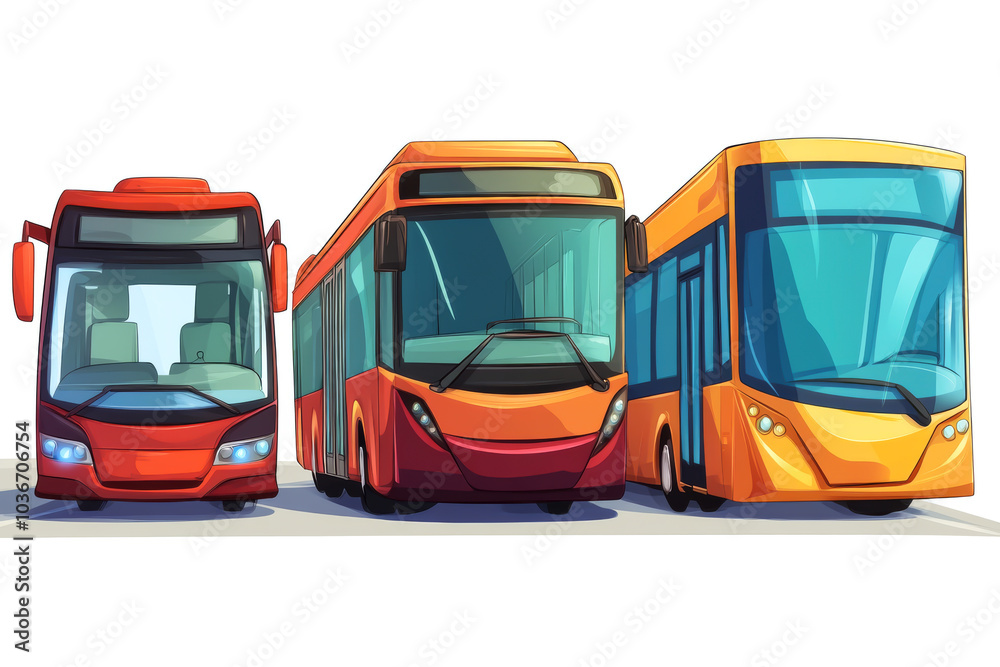 Three buses are parked next to each other, with one being red, one being orange, and one being yellow Three buses are parked next to each other, with one being red, one being orange, and one being yellow
