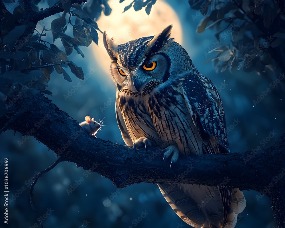 Wise Owl Clutching Mouse Under Moonlit Forest Canopy Wise Owl Clutching Mouse Under Moonlit Forest Canopy