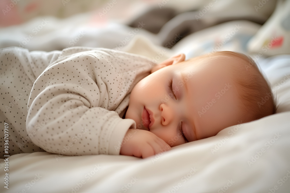 Sweet, sleeping and newborn baby on a bed at a home in the bedroom for resting and dreaming. Cute, tired and top view of infant, child or kid taking a nap in the morning in nursery at family house. Sweet, sleeping and newborn baby on a bed at a home in the bedroom for resting and dreaming. Cute, tired and top view of infant, child or kid taking a nap in the morning in nursery at family house.