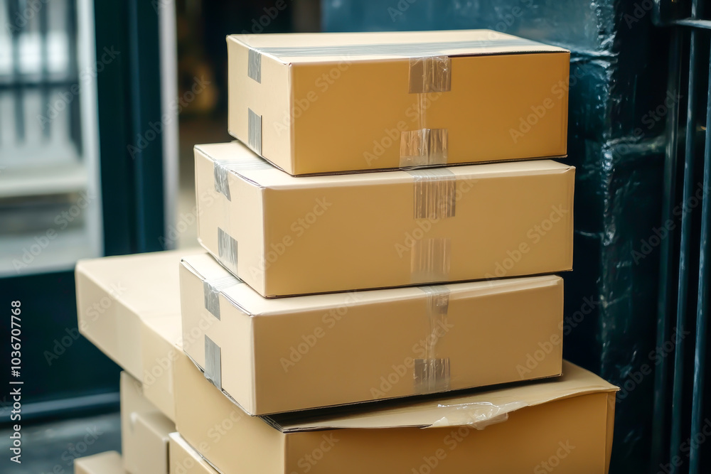 A stack of cardboard boxes with tape on the top. The boxes are stacked on top of each other