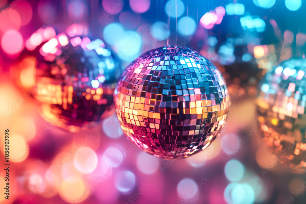 A bunch of colorful disco balls hanging from the ceiling. The balls are of different sizes and colors, creating a vibrant and lively atmosphere. Concept of fun and celebration A bunch of colorful disco balls hanging from the ceiling. The balls are of different sizes and colors, creating a vibrant and lively atmosphere. Concept of fun and celebration