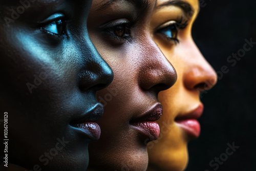 Three women with different skin tones are shown in a row. Concept of diversity and inclusivity, celebrating the beauty of different skin colors